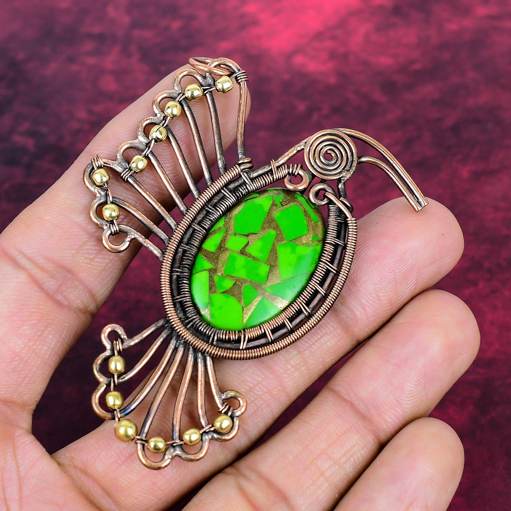 

Copper Green Turquoise Pendant Copper Wire Wrapped Jewelry Elegant Bird Pendant
