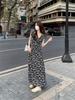 Spring/Summer 2024 Retro Black Floral Dress: Slim Fit, Medium-Long Length with Ruffled Skirt