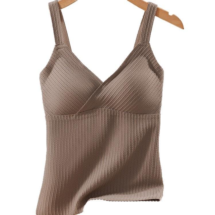 Womens Cross V Neck Ribbed Thermal Vest Removable Padding Slim Fit Long Camisole
