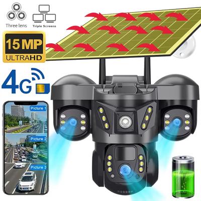 Cámara 4G de Tres Lentes de 15MP Alimentada por Energía Solar para Exteriores a Prueba de Agua con Detección Humanoide PIR, Monitor de Video de Seguridad V380 con Batería para Vigilancia