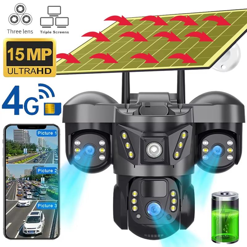 

15MP Three Lens 4G Camera Solar Power Outdoor Waterproof PIR Humanoid Detection Security Video Monitor V380 Battery Surveillance 4G Camera