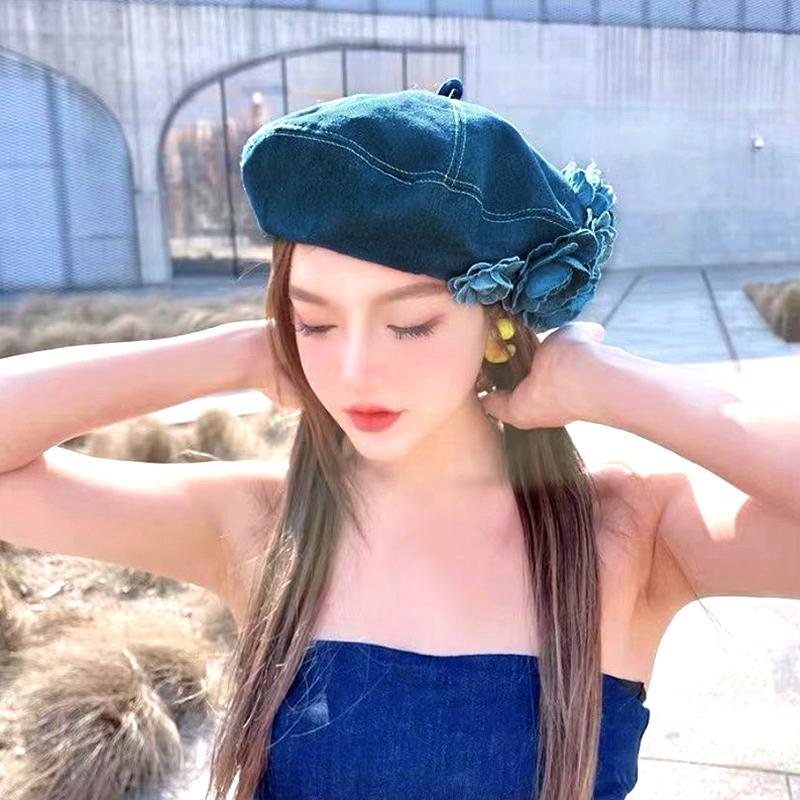 1PC Woman Vintage Blue Camellia Elegant Trendy Fashion Denim Fabric Painter Cap Beret