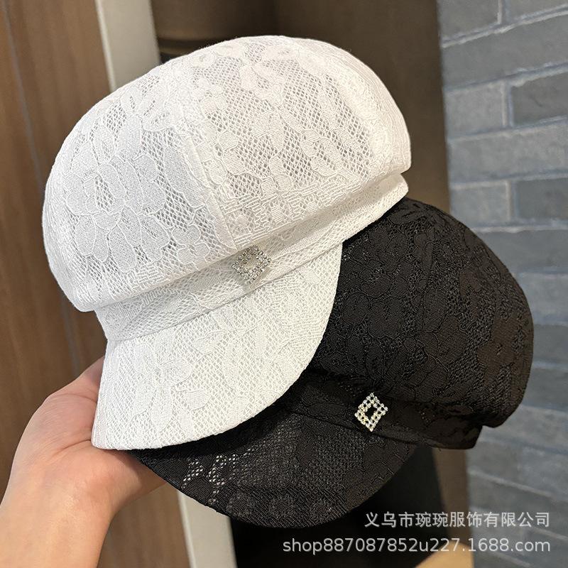 Summer Lace Rhinestone Octagonal Hat Children Show Their Faces Small Breathable Sunshade Painter Hat Fashion Newsboy Hat