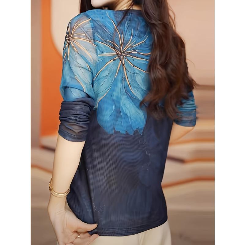 Stylish Floral Print Long Sleeve T-Shirt - Crew Neck, Semi-Sheer, High Elasticity, Machine Washable, Elegant Top for Spring and Fall