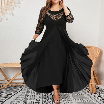 Fall Spring Women Dress See-through Hollow Out Lace Flower Embroidery Three Quarter