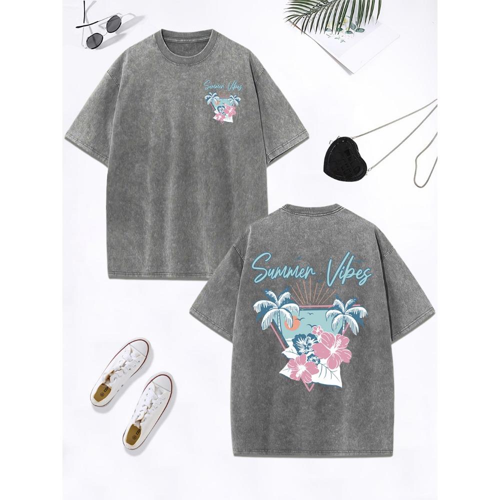 Summer Vibes Hawaii Beach Prints Washed T-Shirts Womens Cotton Oversized Tops Distressed T Shirts Street Womans Clothes