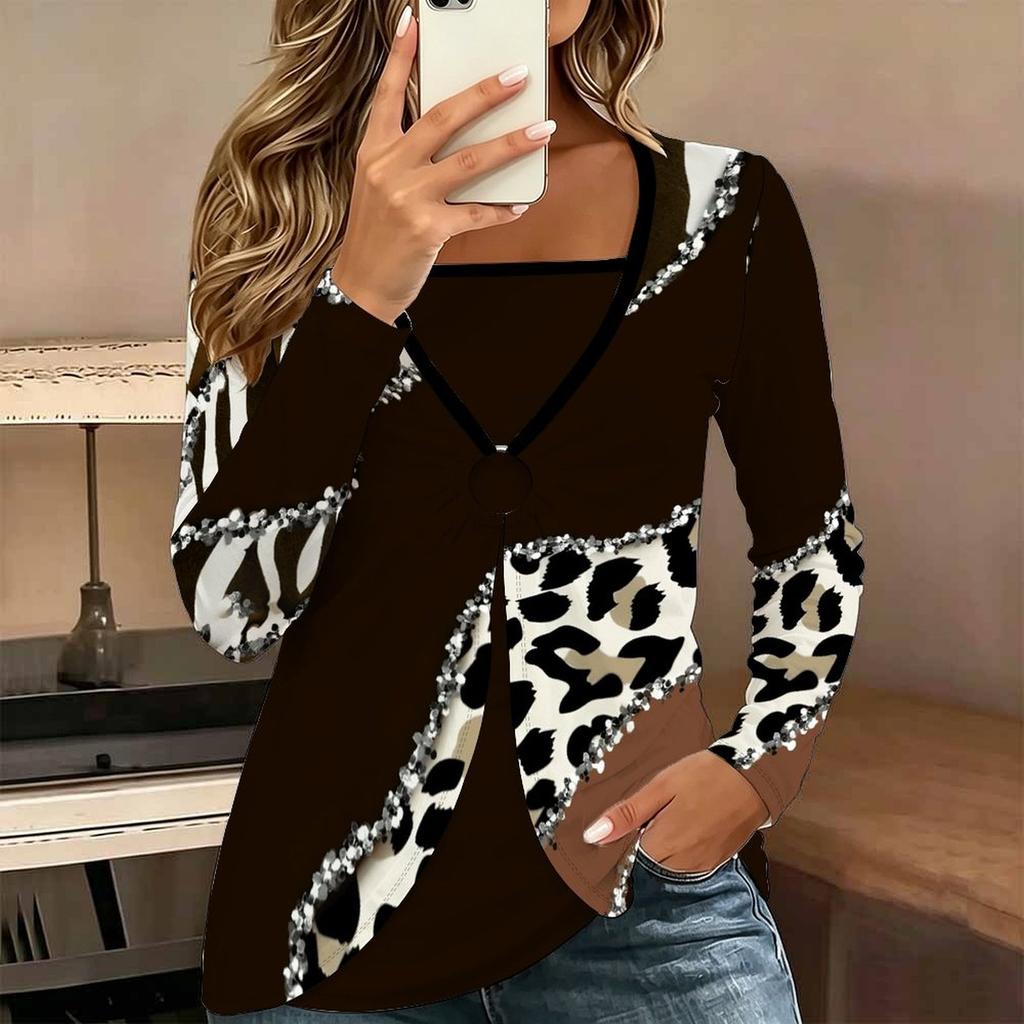 Tops for Women Floral Print Long Sleeve Fake Two‑Piece Top Fall Casual Slim Pullover Women's Long Sleeve Top