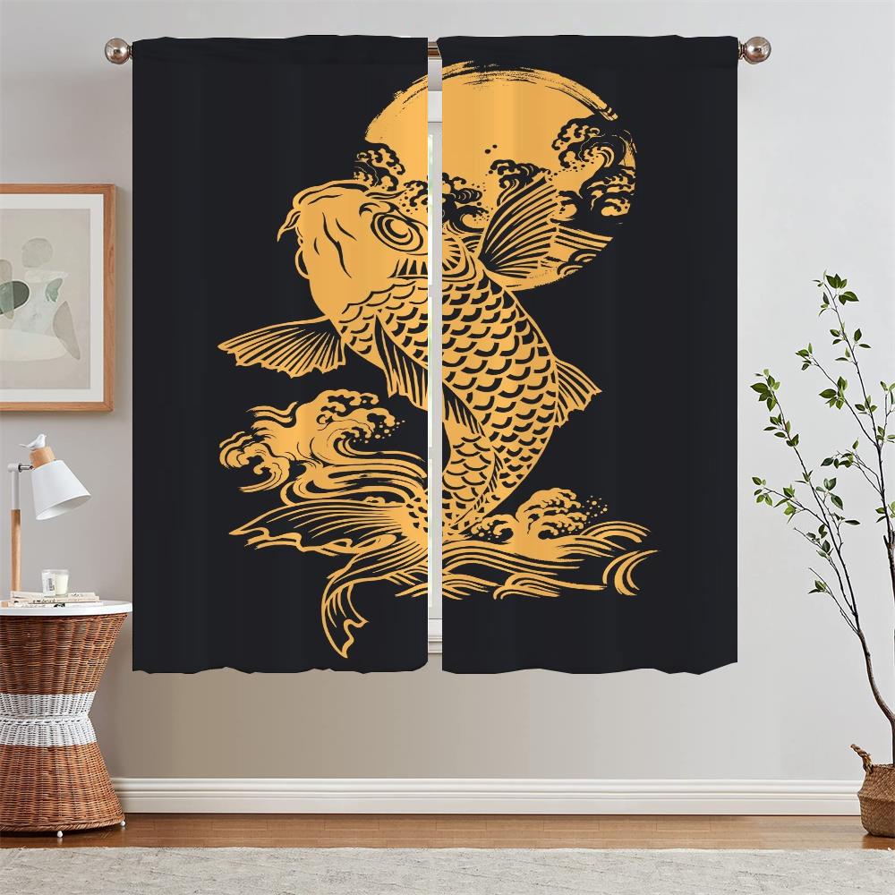 Chinese Style Koi Short Window Curtains for Living Room Bedroom Decoration Black Out Curtains 2 Pcs Set Chiffon Curtain Tiebacks