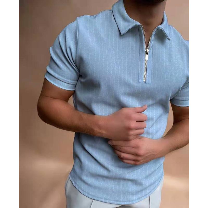 Summer Polo Shirt Zipper Striped Short Sleeved Men's T-shirt Top