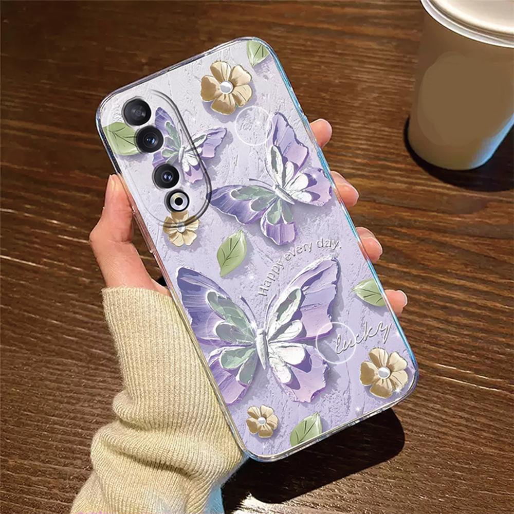 Rose Flower Oil Painting Phone Case For Honor 200 90 Lite X7 70 X8 Transparent Clear Shockproof Cover Romantic Lace Pattern Tpu