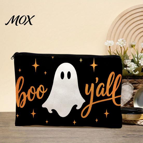 Cartoon Style Storage Case Cosmetic Bag, Halloween Pattern Print Makeup Canvas Travel Toiletry Bag Zipper Pouch, for Change Data Cable High