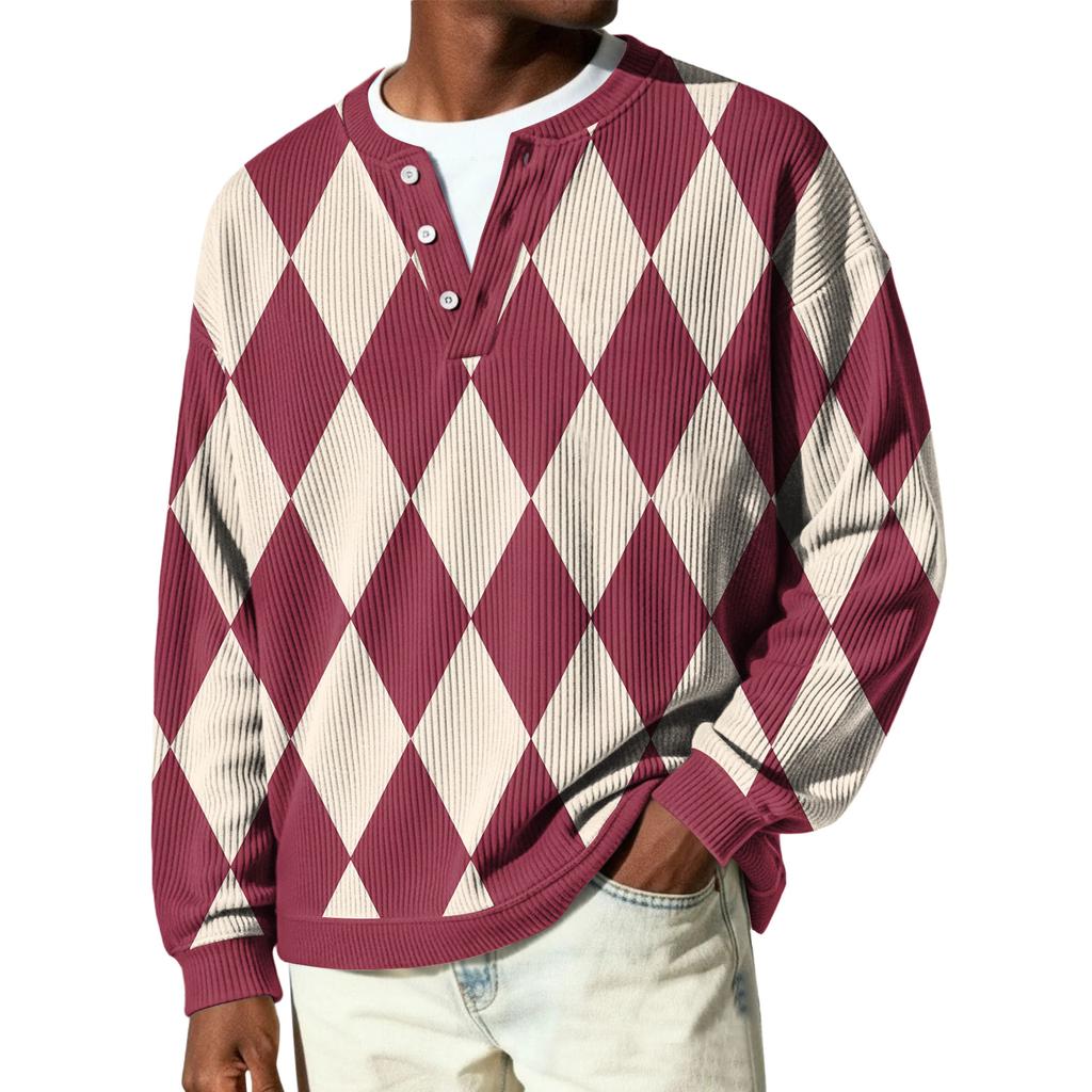 Męski sweter z dzianiny prążkowanej z długim rękawem, z kołnierzykiem zapinanym na guziki