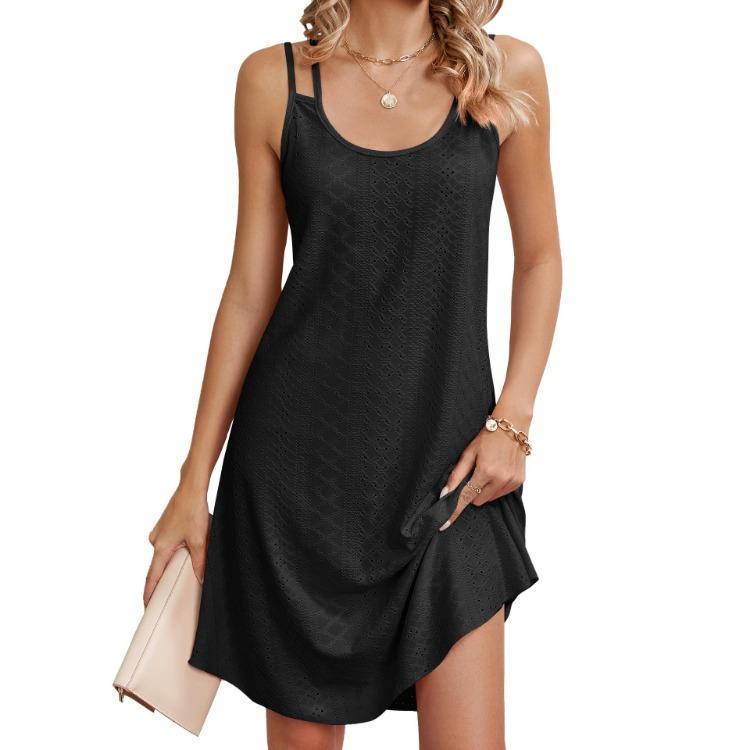 Women Summer Casual Sleeveless U Neck Eyelet Print Solid Short Beach Vacation Fashion Lightweight Breathable Comfortable Dress