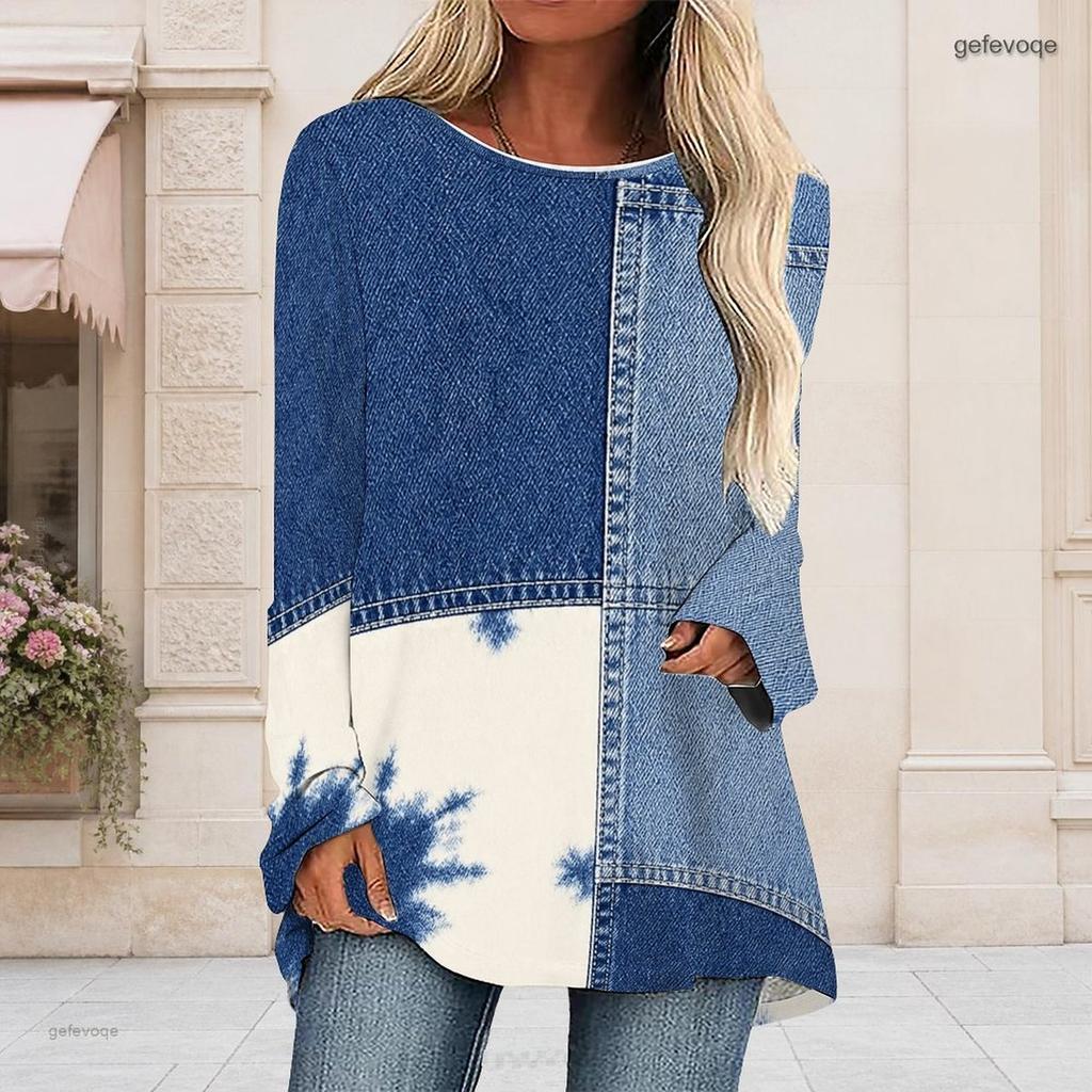 Ladies Plus Size Tie Dye Striped Long Sleeve T Shirt Round Neck Loose Irregular Hem Casual Tunic Top For Daily Wear