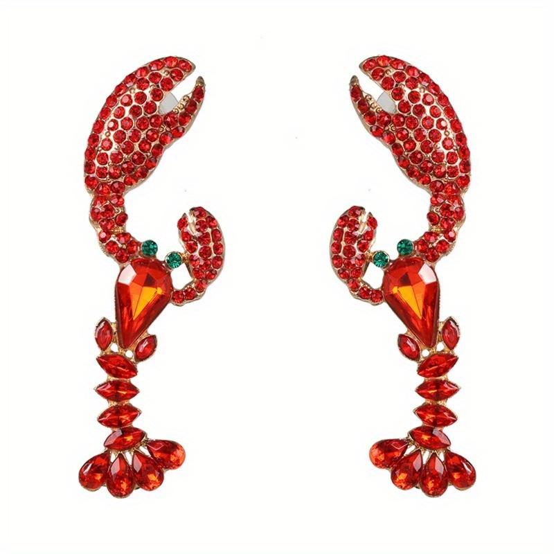 1 Pair Red Rhinestone Lobster Earrings Alloy Shiny Crayfish Dangler for Women Fashion Personality Drop Earrings Crystal Earrings