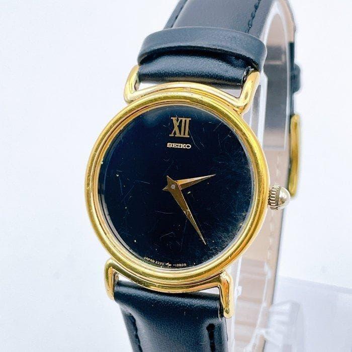 Working item Seiko Watch Black Dial Quartz Leather Ladies Good Condition