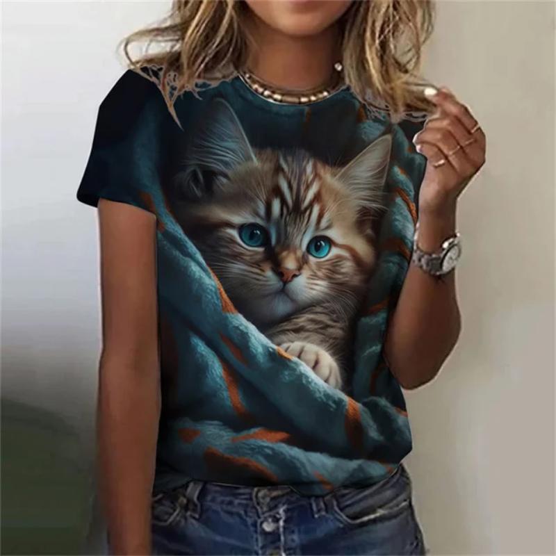 Maglietta da donna alla moda, con stampa 3D, motivo a gatto kawaii, a maniche corte, girocollo, estiva, casual, da strada, semplice