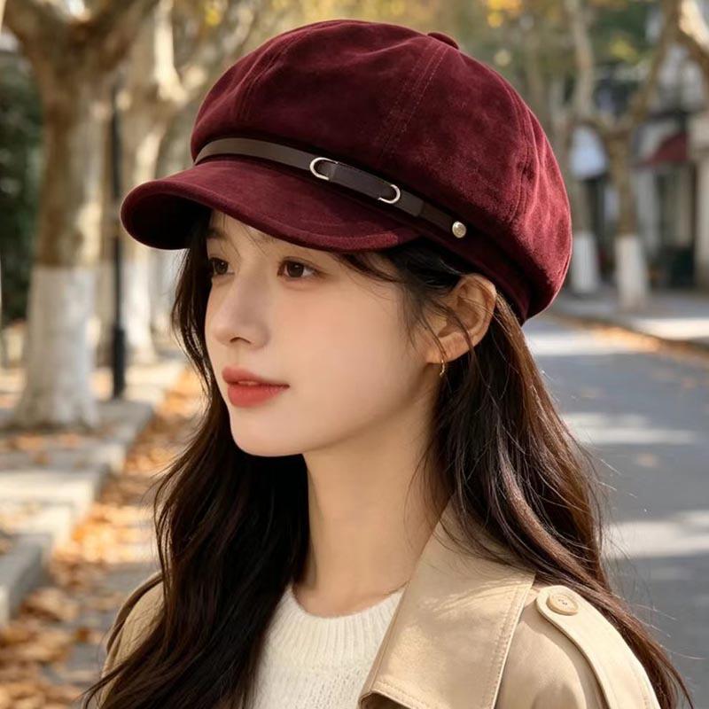 Autumn and winter retro octagonal newsboy hat female British temperament belt buckle short brim beret showing face small painter cap