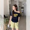 Super beautiful letter-printed slanted shoulder off-the-shoulder strap short-sleeved T-shirt summer women's fake two-piece pleated thin top