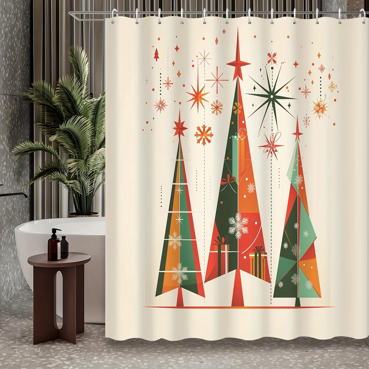 

GAE Retro Christmas Shower Curtain - Mid-Century Modern Design with Colorful Trees and Stars, Perfect for Festive Bathroom Dec 150x180cm