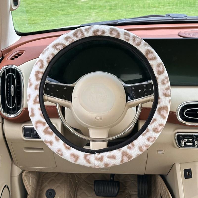 Leopardenmuster Auto Lenkradbezug Winter Plüsch warm rutschfest ohne Innenring Lenkradschutzbezug