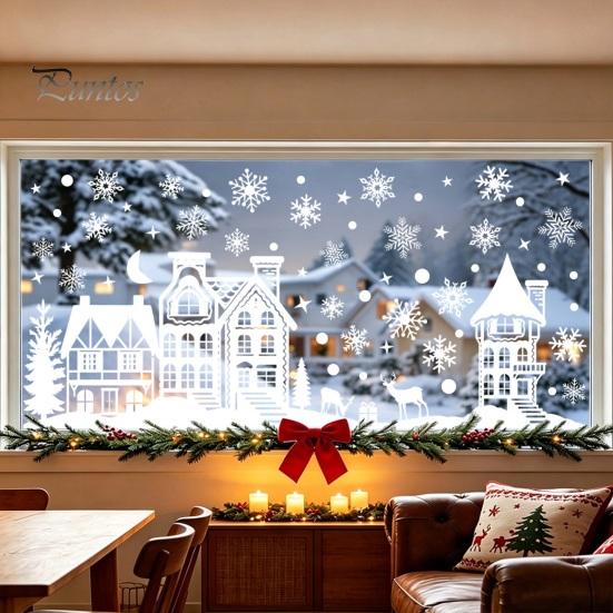 Festival Window Display Supplies 2Pcs Christmas Town Static Glass Sticker, Reusable Decal with Snowflake White Elk Silhouette Stickers Pattern,