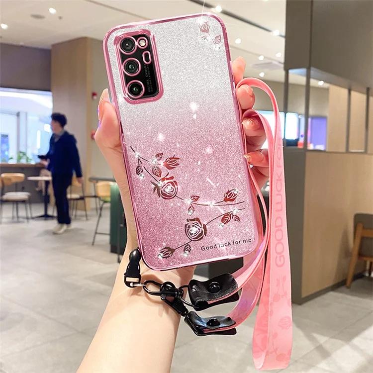 

KADEM For Honor V30 Pro Case Flower Glitter TPU Soft Phone Cover with Lanyard