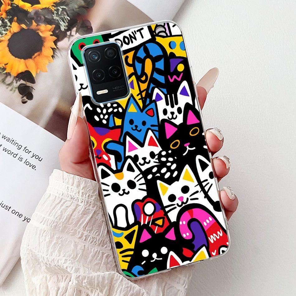 Pro telefon Realme 8 5G RMX3241 Pouzdro na telefon Realme8 5G Elegantní Květinový Potisk Kočky Měkký Silikon Průhledné TPU Pouzdra