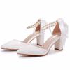 7cm Thick Heel Pointed Sandals Straps for Women's Sandals White Beaded Wedding Bride High Heels Large Size Shoes