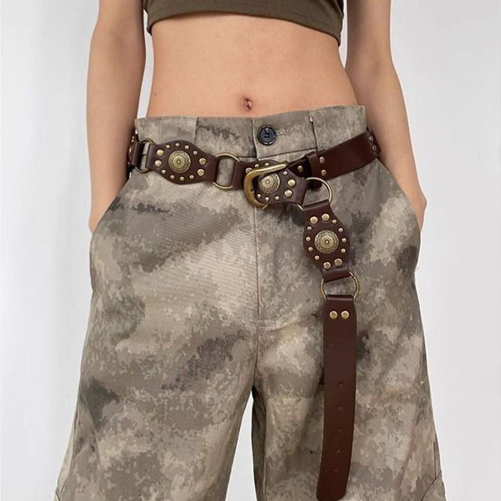 Women PU Stitching Waist Belt Ethnic Style Waist Belt Metal Women Dress Shirt Waist Belt with Carved Flower Buckle