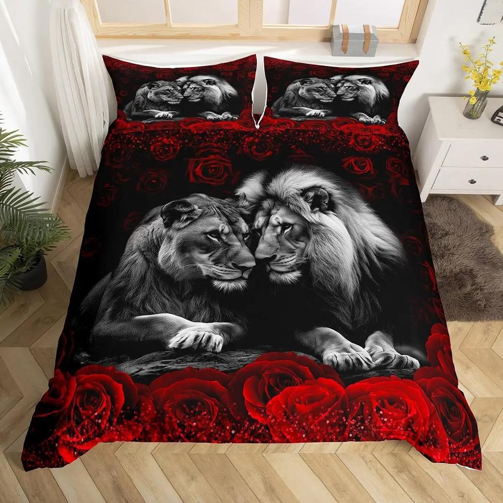 Lion Duvet Cover Set King Queen Hand Drawn Animal Bedding Set Graffiti Abstract Art Quilt Cover Wildlife Vintage Comforter Cover