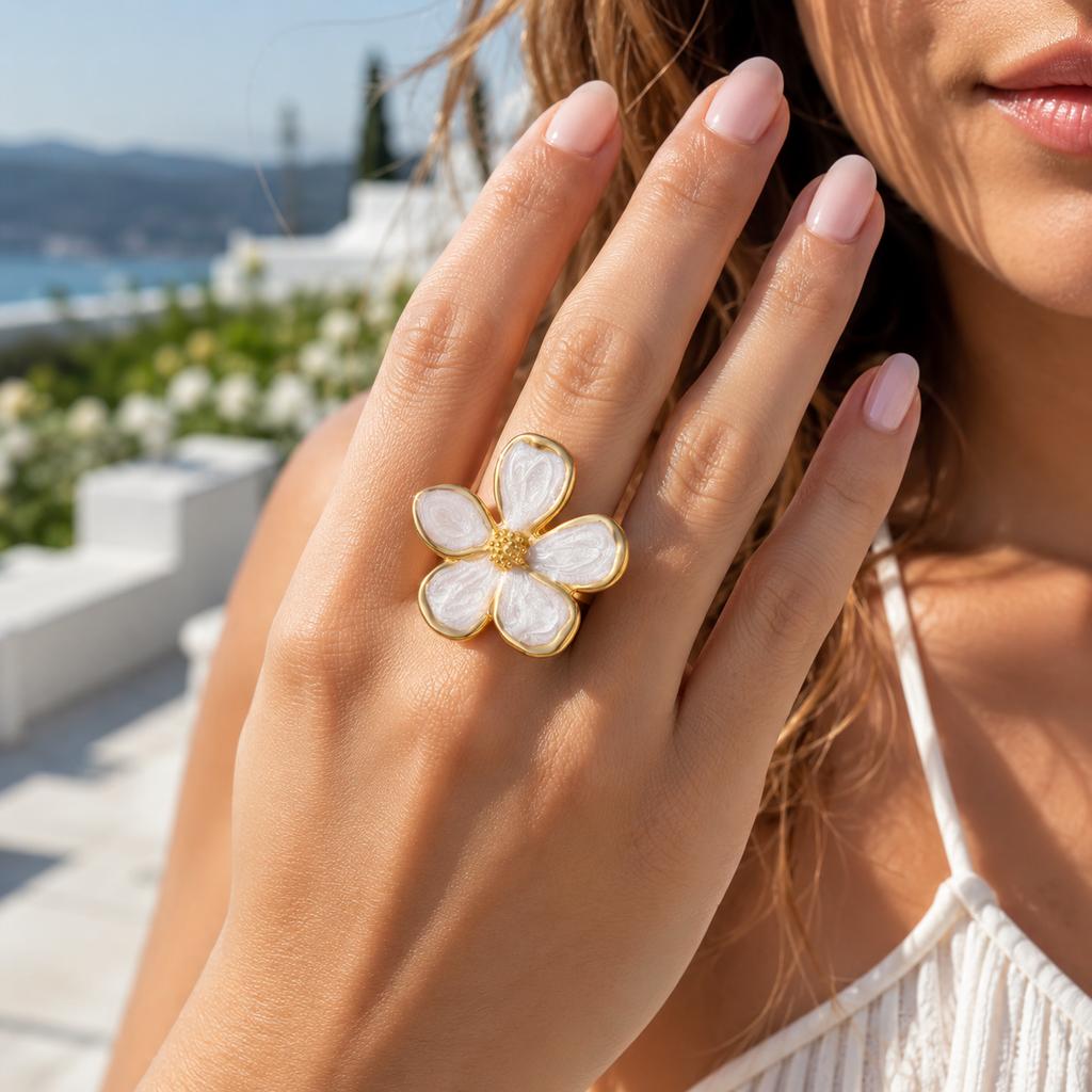 Flower Rings, French Vintage Style 18K Gold Plated Large Hollow Floral Statement Ring Aesthetic Open Adjustable Jewelry for Wome
