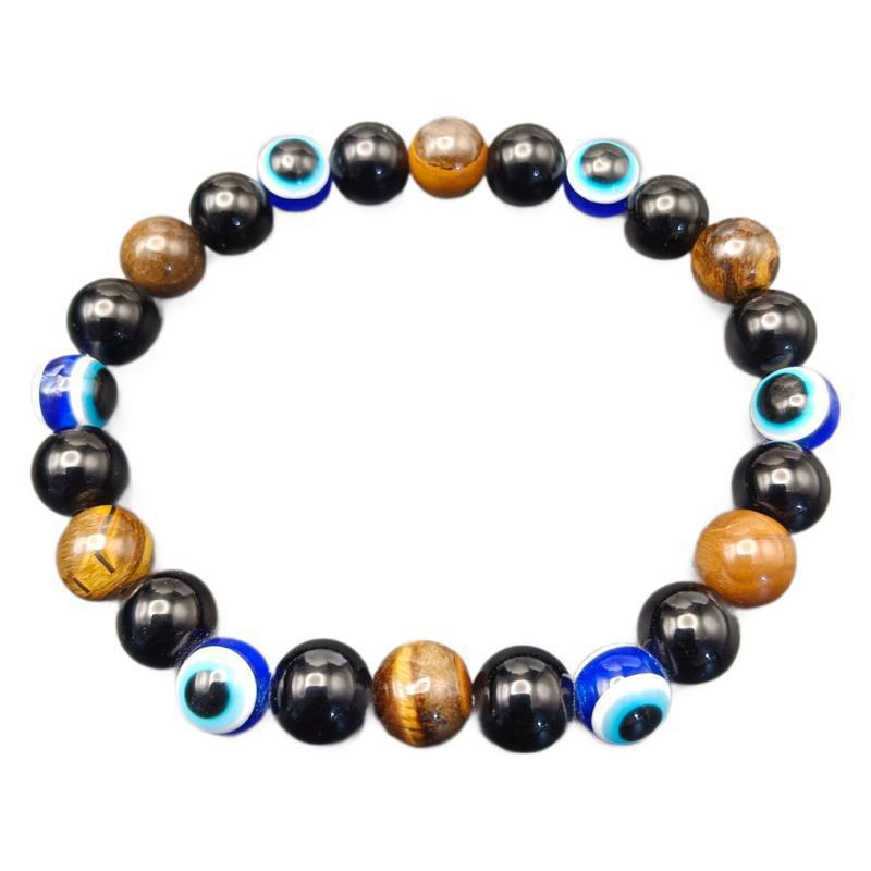 Браслет-стрейч «Защита Богатства» – Синий Глаз Фатимы, Гематит, Желтый Тигровый Глаз, Обсидиан чёрный