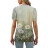 Damenmode Blumendruck Top Puff Kurzarm V-Ausschnitt T-Shirt Lose Casual T-Shirt