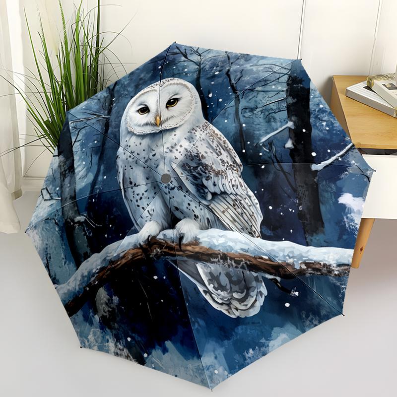 

1PC Mysterious Snowy Owl Folding Umbrella Auto-Open Design 8 Iron Ribs Plastic Handle Foldable Sunshade Perfect Christmas Gifts