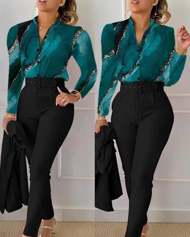 Printed Long-Sleeve Top & Solid Color Pants Suit with Belt