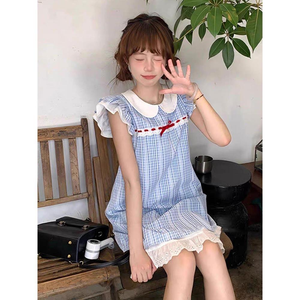 The college style is small, fresh, unique and beautiful in summer, and the temperament is beautiful. Princess short skirt, doll collar plaid dress.