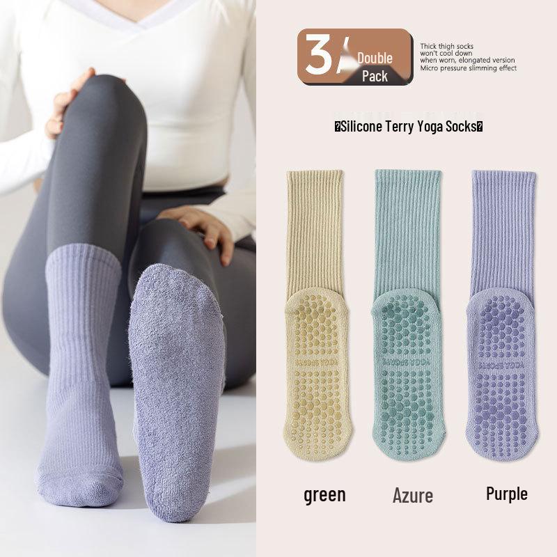 Women's Non-Slip Mid-Calf Yoga Socks - Thick Terry Pilates Fitness Socks