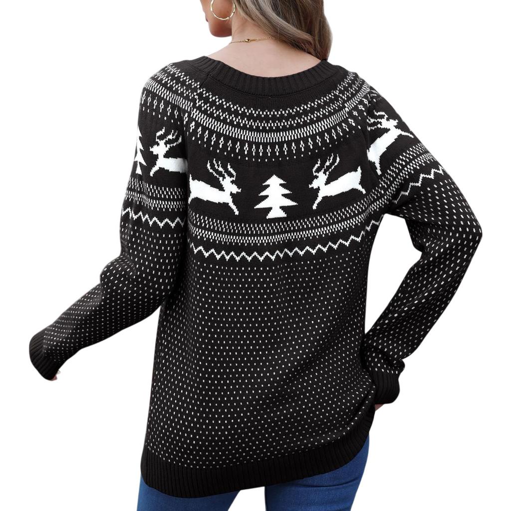 European, American Autumn And Winter Christmas Sweater Women'S Loose Knitted Jacquard Crew Neck Versatile Casual Pullover