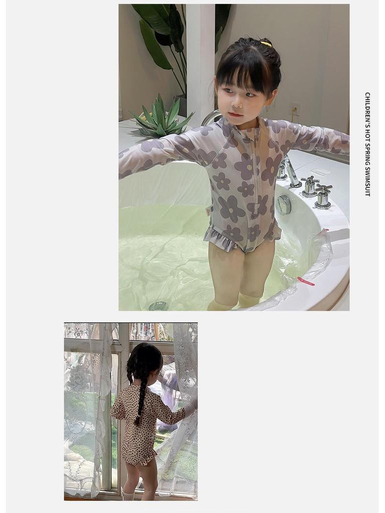 Korean Style Leopard Print Long Sleeve One-Piece Swimsuit for Girls