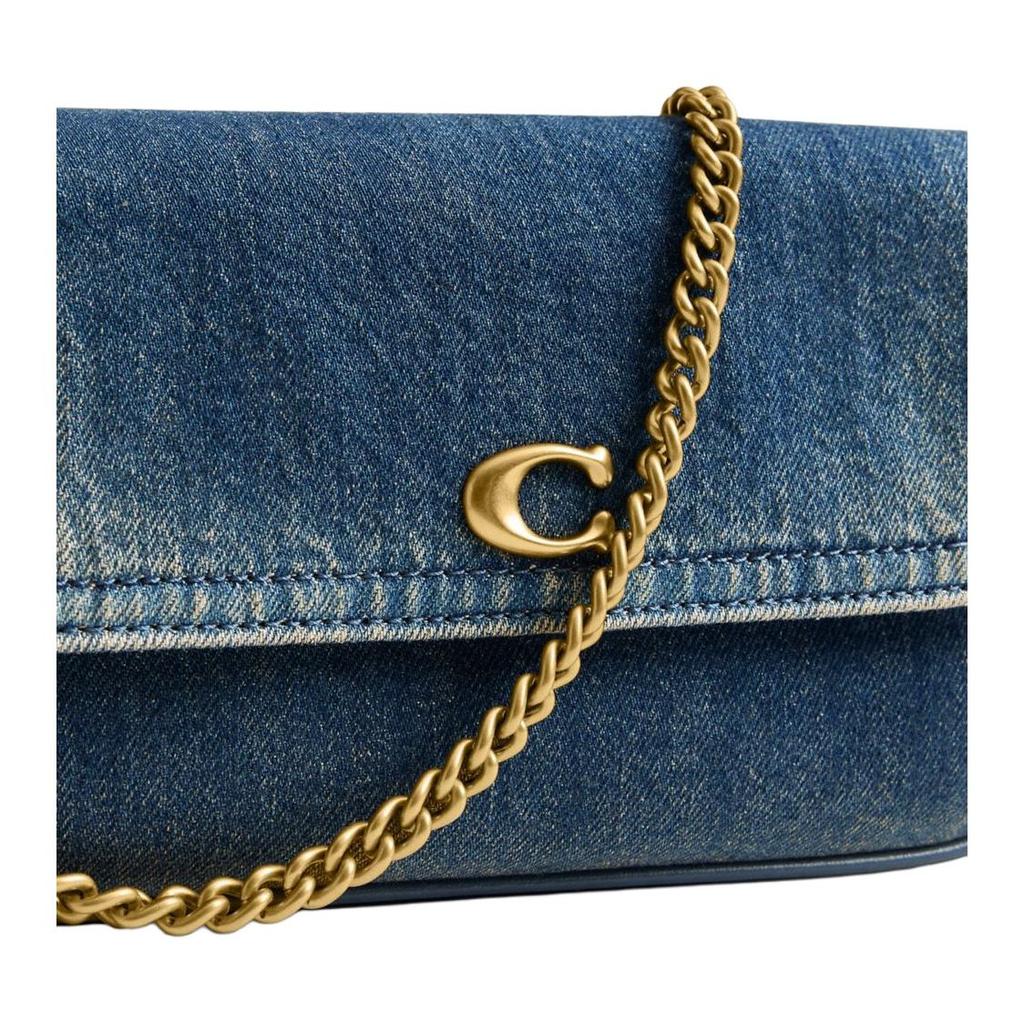 Coach 23 Removable Chain Strap Snap Closure Interior Zipper Pocket Fabric Shoulder Bag Medium Women Shoulder Bag Brass Deep-Indigo CCY20-B4YMW