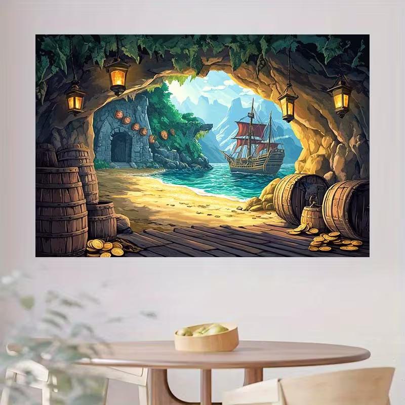 2D Cartoon Seaside Sailboat Background for Children Pirate Costume Party Decoration