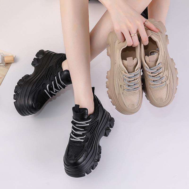 Women's Genuine Leather Height-Increasing Platform Dad Shoes - Breathable, Mesh, Hidden Heel for Autumn & Winter