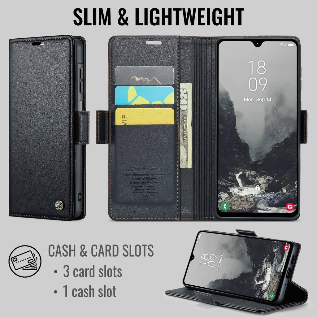 Magnetic Wallet Case for Samsung Galaxy A27, PU Leather Flip Cover, RFID Blocking Card Holder, Kickstand, Shockproof Slim Case