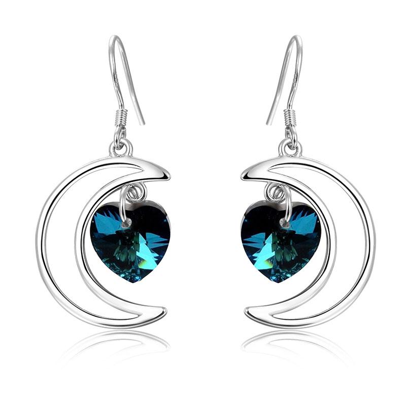 925 Sterling Silver Moon Heart Blue Crystal Drop Earrings for Women Wedding Jewelry синий