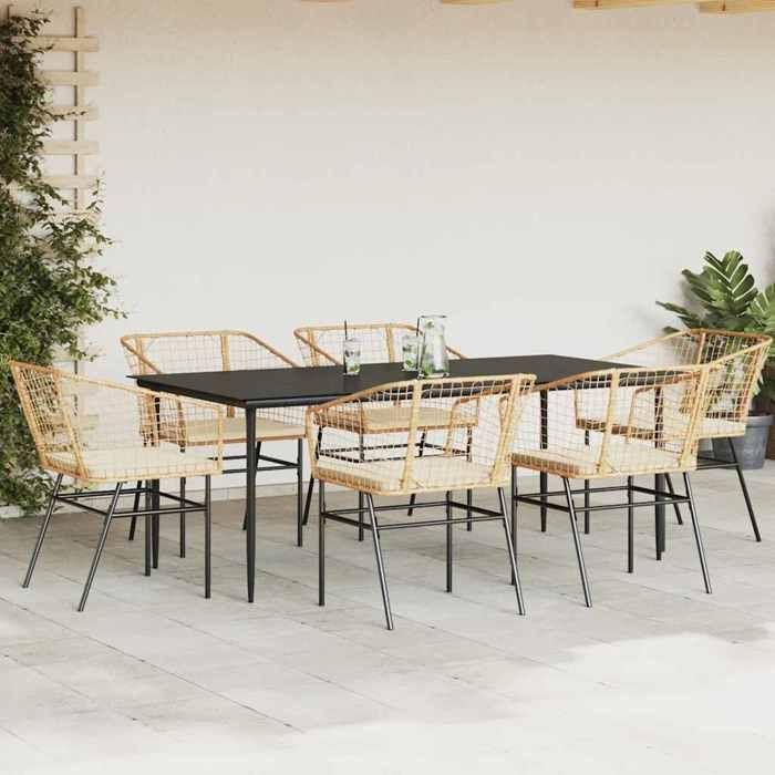 VidaXL Ensemble à manger jardin coussins 7pcs marron poly rotin verre 3334511