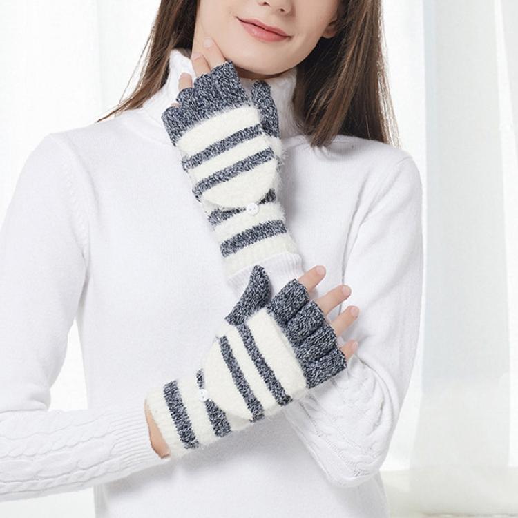 Striped Pattern Glove Plush Fingerless Mittens with Flip Top Knitted Gloves