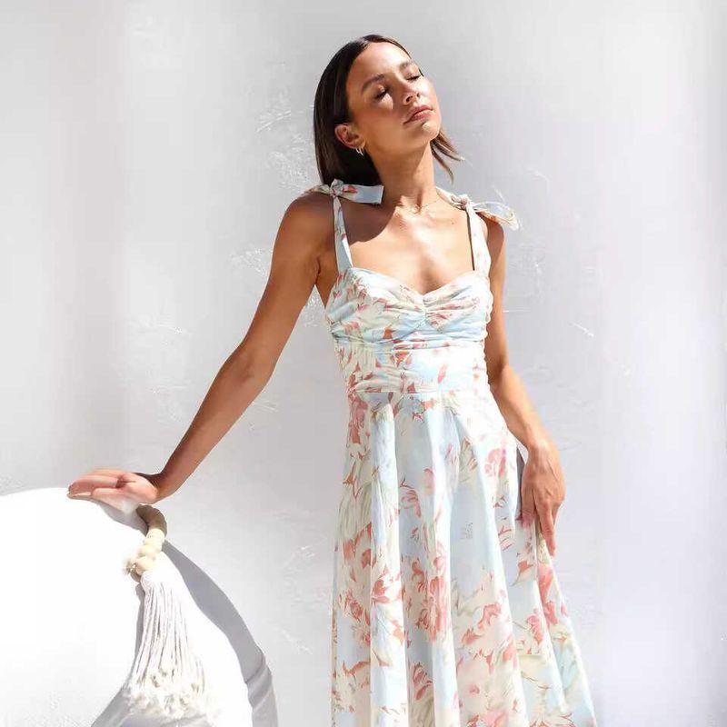 V-neck Printed Dress Women Foreign Trade Waist Hugging V-neck Sling Print Mid-Length Dress Women