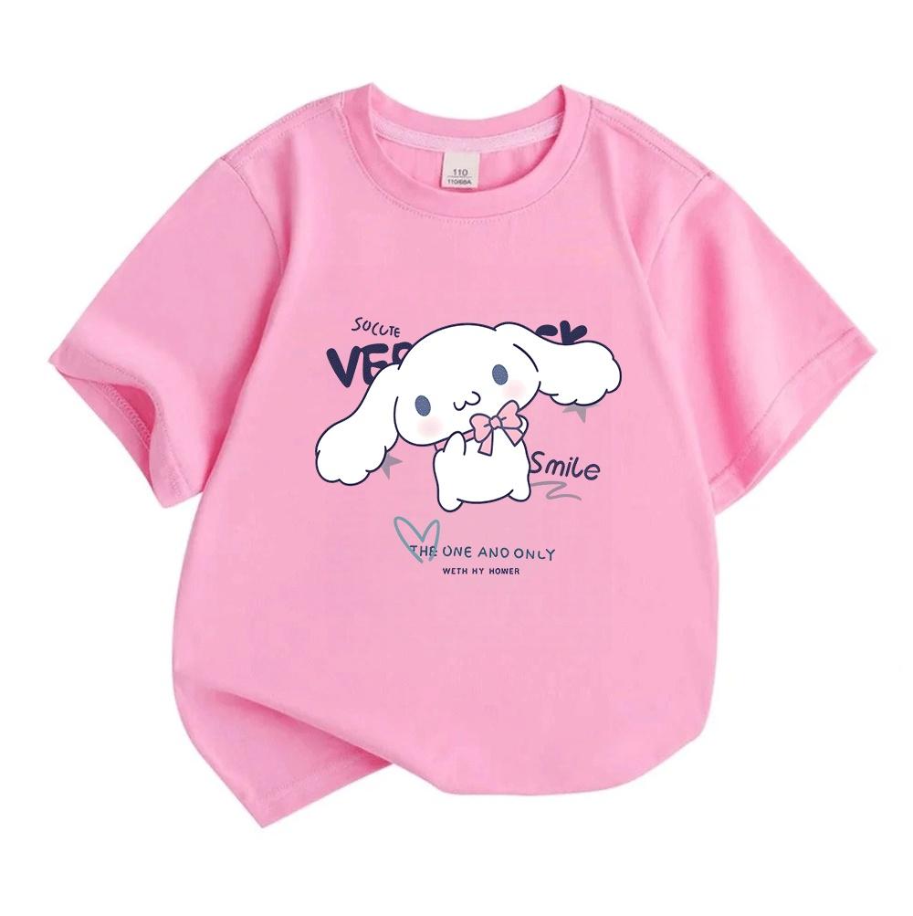 Cute White Long Ear Cartoon Character Print Kids 100% Cotton T-shirt Boys Girls Casual O-Neck Short Sleeve Tee Soft Breathable Summer Daily Comfortabl