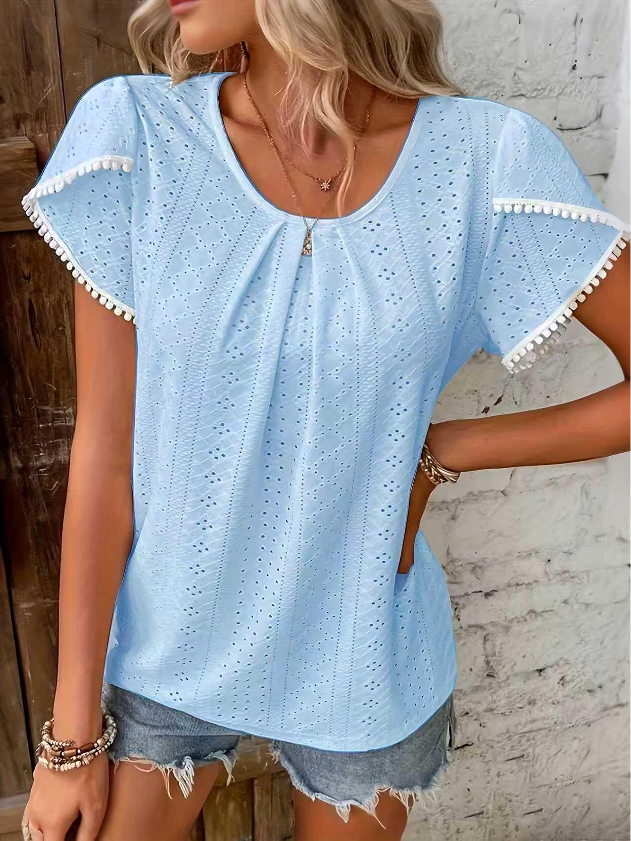 

2026 Summer European & American Solid Color Pleated Round Neck Short Sleeve T-shirt XL небо синє кольору
